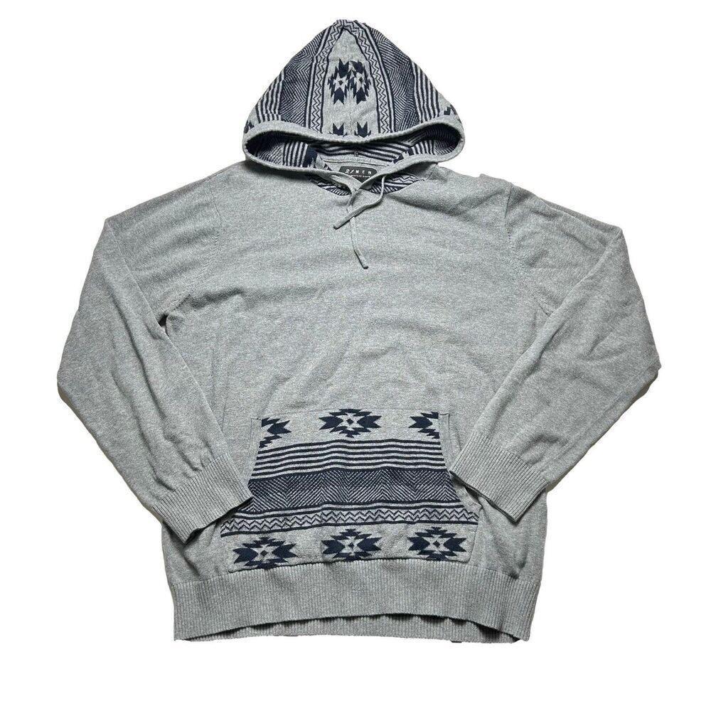 21 Men Gray Hoodie with Aztec Pattern Pocket Casual Sweatshirt Size Large